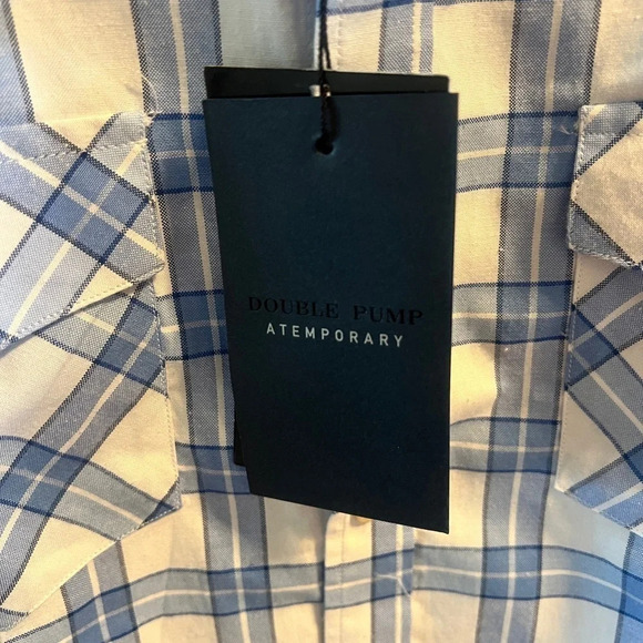 Double Pump Sz M Blue & White Plaid Western Button up NWT Timeless Smart Shirt - Picture 5 of 16